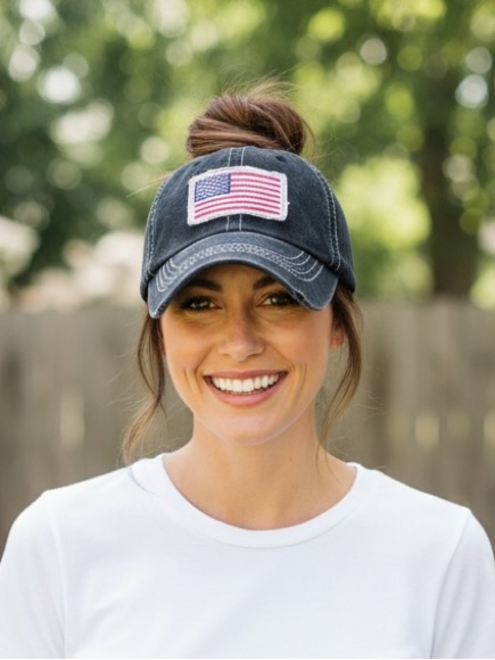 American Flag Distressed Black Ponytail Baseball-Cap - Picture 1 of 4